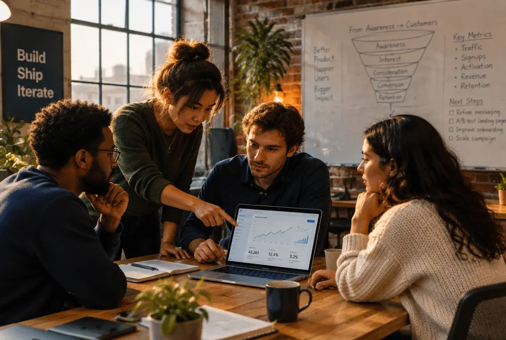 A software team gathered around a laptop reviewing a product dashboard