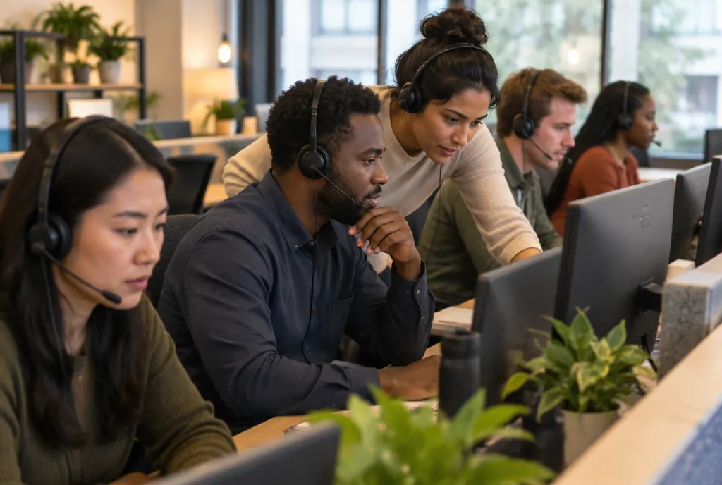 A diverse sales team on headsets working through new leads