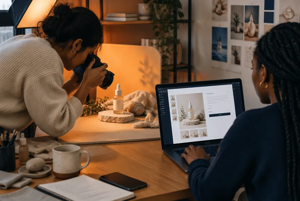 A brand founder photographing a product while a colleague edits the store's product page