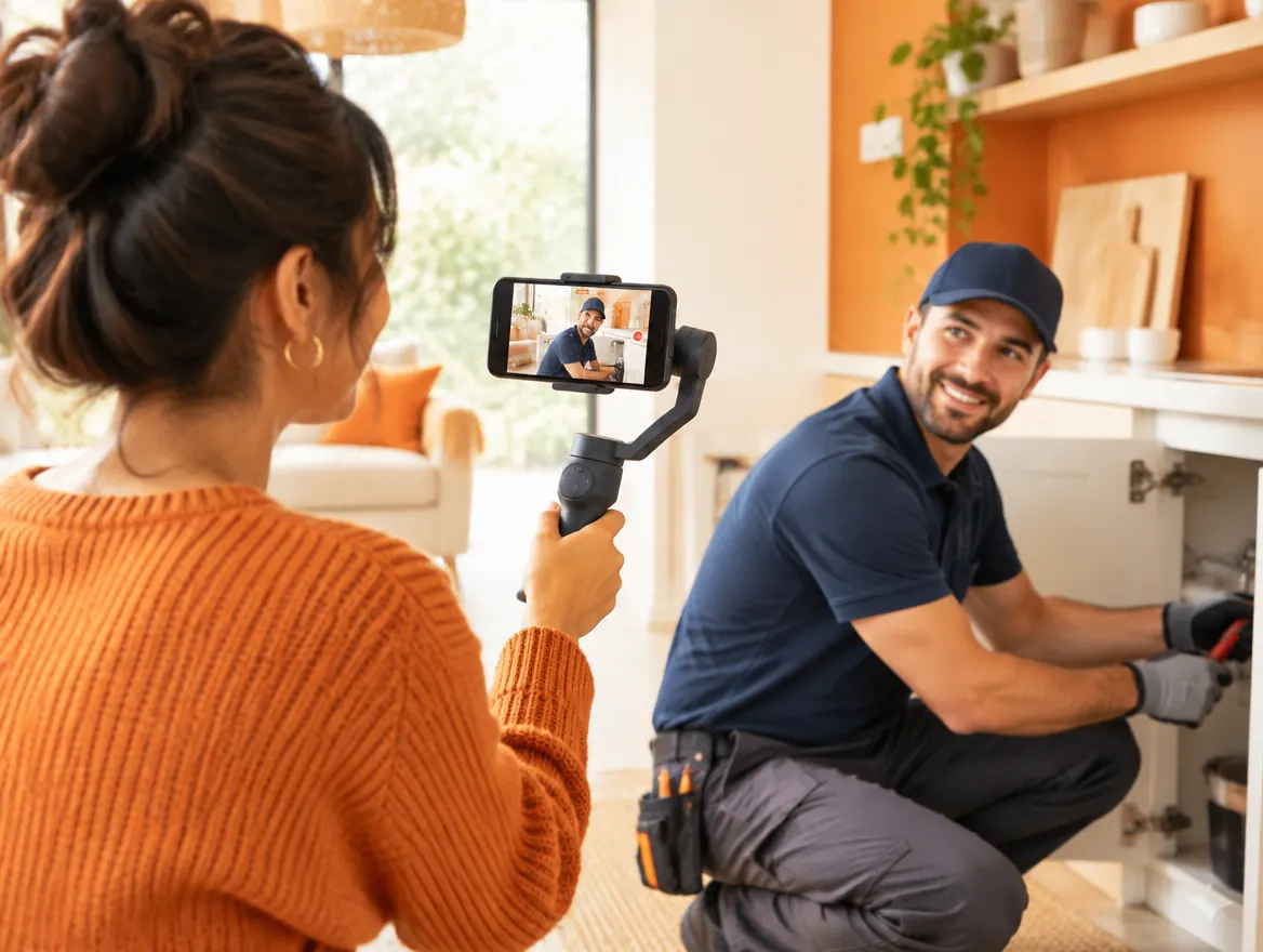 A creator filming a technician for a short social video