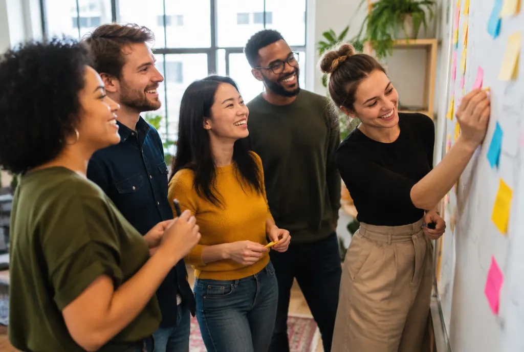 A marketing team brainstorming at a whiteboard wall