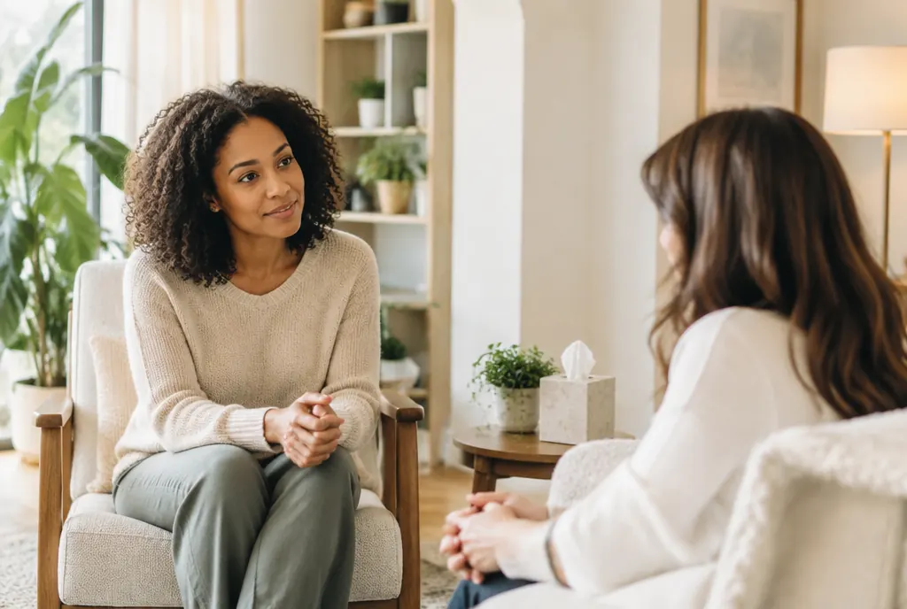 A therapist and client talking in a calm office