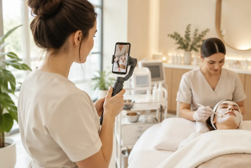 An aesthetician filming a vertical video of a treatment