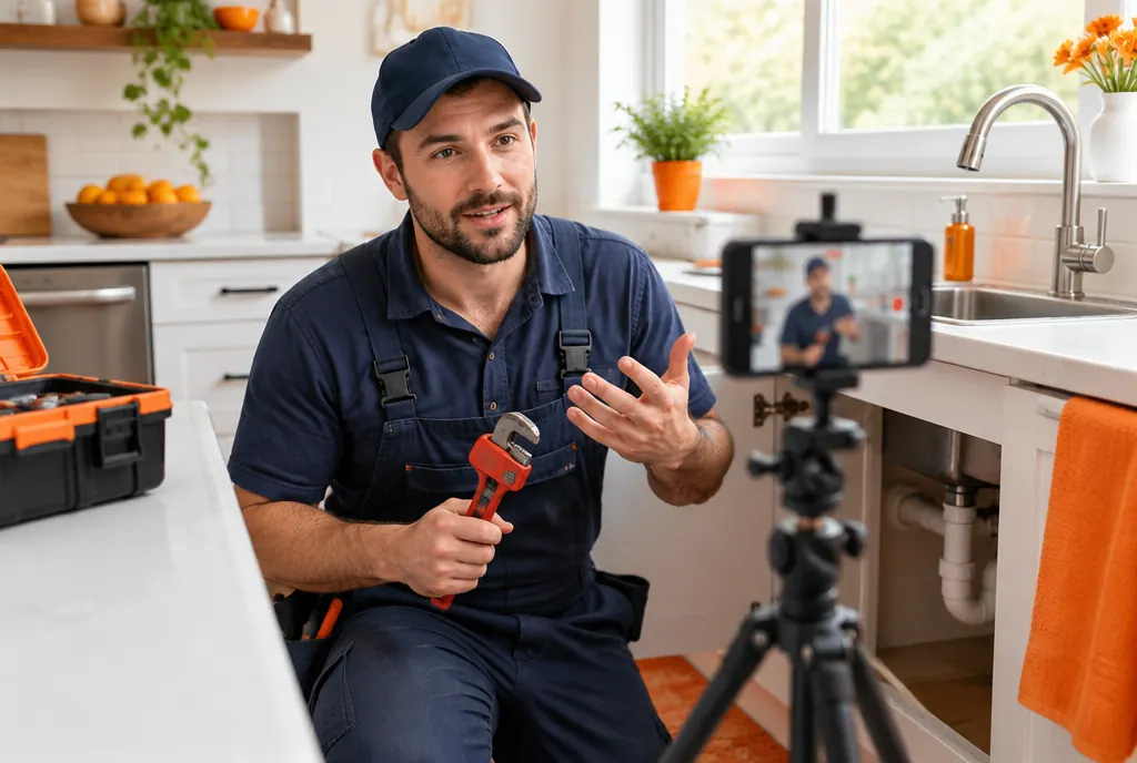 A plumber recording a quick vertical tip video in a kitchen