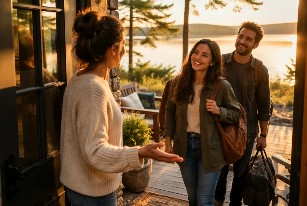 A vacation rental host welcoming guests at a lake cabin