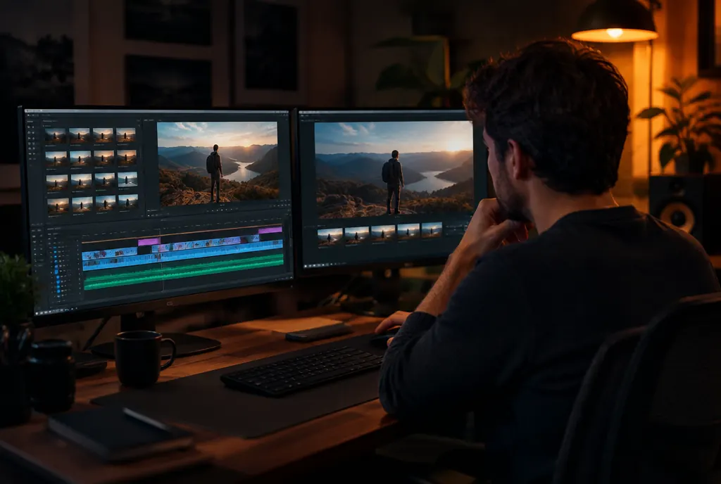 An editor cutting a video on a dual-monitor timeline