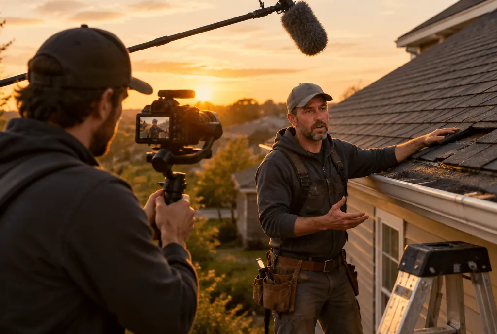 A videographer filming a roofer explaining a repair