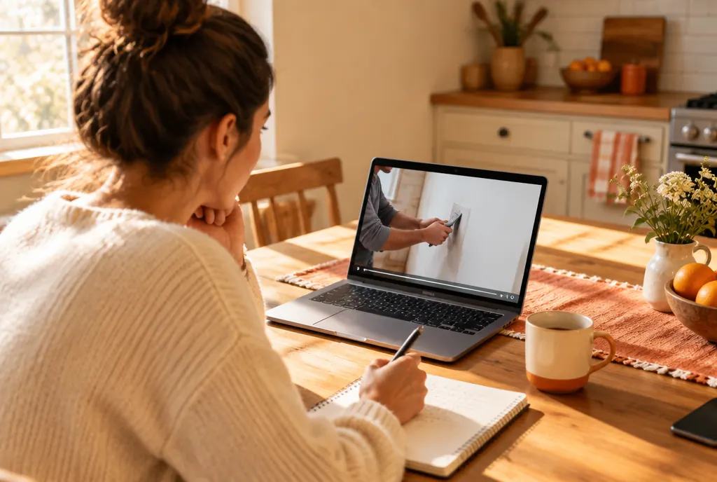 A homeowner watching a how-to video and taking notes
