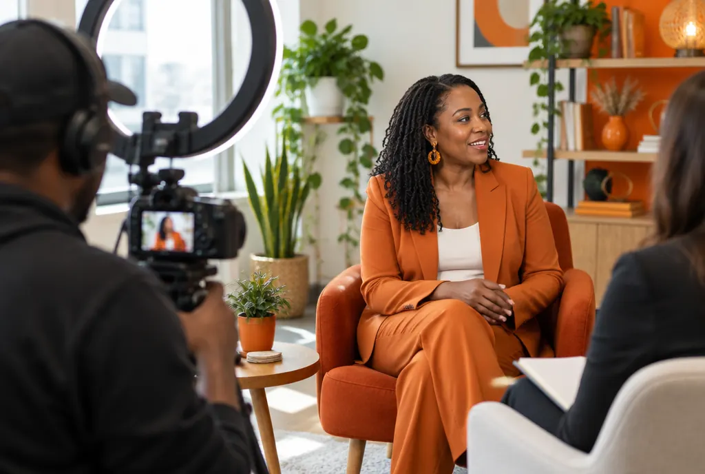 A business owner being interviewed for a video in her office