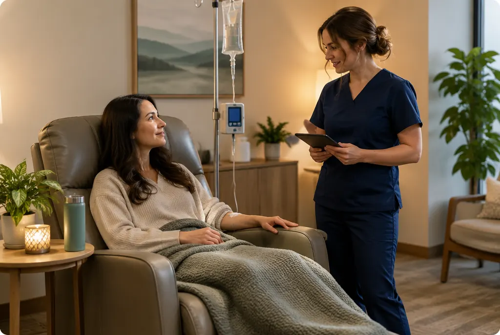 A nurse checking in on a patient in a calm treatment room