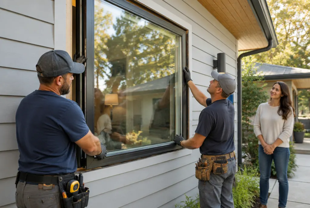 Installers fitting a new window into a home with fresh siding