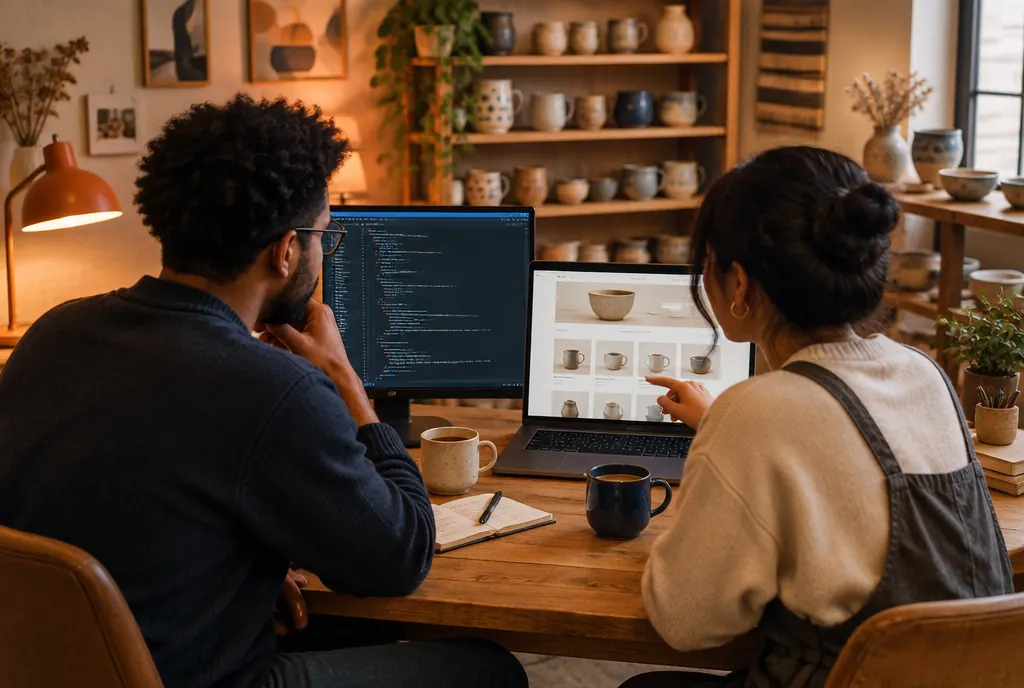 A developer and a store owner working through a product listing and code together