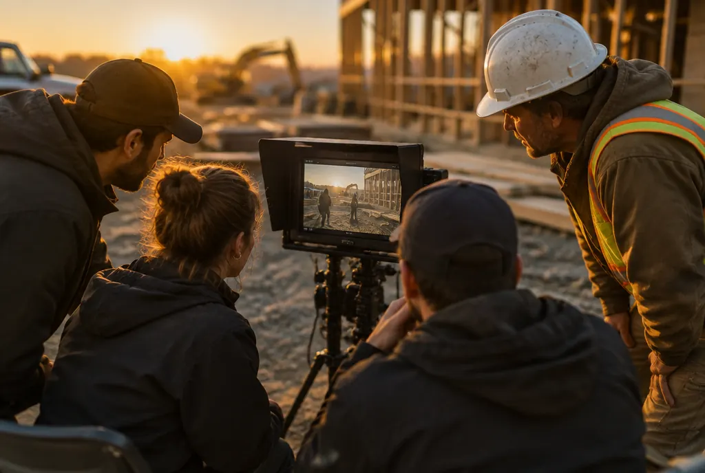 A video crew reviewing footage with a contractor